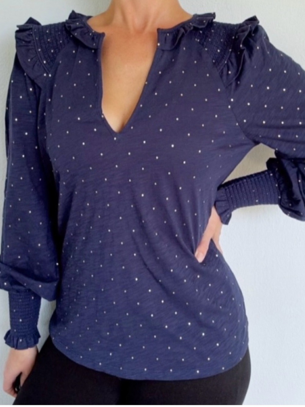 Boden Navy Ruffle V-Neck Long Sleeve Top, Sz 6